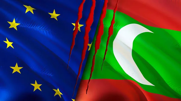 European Union and Maldives flags with scar concept. Waving flag,3D rendering. European Union and Maldives conflict concept. European Union Maldives relations concept. flag of European Union an