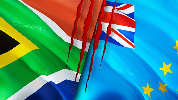 África Sul Bandeiras Tuvalu Com Conceito Cicatriz Bandeira Ondulada Renderização — Fotografia de Stock