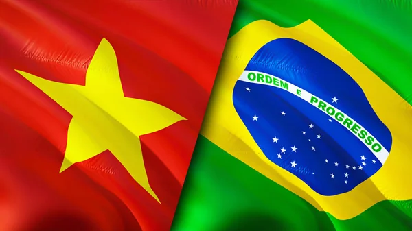 Vietnam and Brazil flags with scar concept. Waving flag,3D rendering. Vietnam and Brazil conflict concept. Vietnam Brazil relations concept. flag of Vietnam and Brazil crisis,war, attack concep