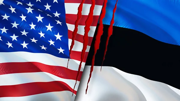 USA and Estonia flags with scar concept. Waving flag,3D rendering. USA and Estonia conflict concept. USA Estonia relations concept. flag of USA and Estonia crisis,war, attack concep