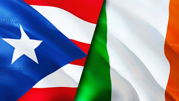 Puerto Rico and Ireland flags. 3D Waving flag design. Puerto Rico Ireland flag, picture, wallpaper. Puerto Rico vs Ireland image,3D rendering. Puerto Rico Ireland relations alliance an