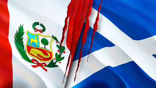 Peru and Scotland flags with scar concept. Waving flag,3D rendering. Peru and Scotland conflict concept. Peru Scotland relations concept. flag of Peru and Scotland crisis,war, attack concep