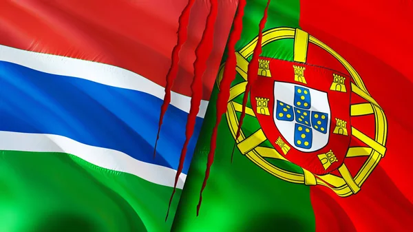 Gambia and Portugal flags with scar concept. Waving flag,3D rendering. Gambia and Portugal conflict concept. Gambia Portugal relations concept. flag of Gambia and Portugal crisis,war, attack concep
