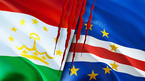 Tajikistan and Cape Verde flags with scar concept. Waving flag,3D rendering. Tajikistan and Cape Verde conflict concept. Tajikistan Cape Verde relations concept. flag of Tajikistan and Cape Verd