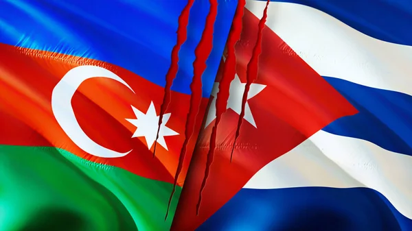 Azerbaijan and Cuba flags with scar concept. Waving flag,3D rendering. Azerbaijan and Cuba conflict concept. Azerbaijan Cuba relations concept. flag of Azerbaijan and Cuba crisis,war, attack concep