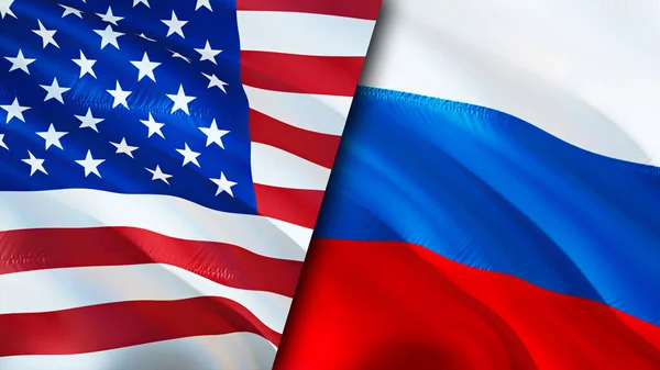 美国和俄罗斯的国旗 3D波浪旗帜设计 美国俄罗斯国旗 美国对俄罗斯的图像 3D渲染 美俄关系联盟与贸易 — 图库照片