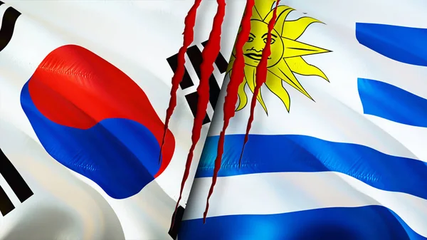 South Korea and Uruguay flags with scar concept. Waving flag,3D rendering. South Korea and Uruguay conflict concept. South Korea Uruguay relations concept. flag of South Korea and Urugua