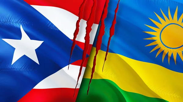 Puerto Rico and Rwanda flags with scar concept. Waving flag,3D rendering. Puerto Rico and Rwanda conflict concept. Puerto Rico Rwanda relations concept. flag of Puerto Rico and Rwanda crisis,war