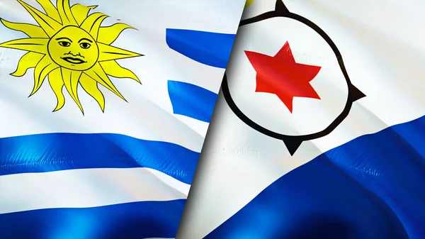 乌拉圭和博内尔旗 3D波浪旗帜设计 乌拉圭博内尔旗 乌拉圭对博内尔图像 3D渲染 乌拉圭博奈尔关系联盟与贸易 — 图库照片