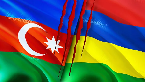 带有伤疤概念的阿塞拜疆和毛里求斯国旗 飘扬的旗帜 3D渲染 阿塞拜疆和毛里求斯冲突概念 阿塞拜疆毛里求斯关系概念 阿塞拜疆国旗和阿塞拜疆国旗 — 图库照片