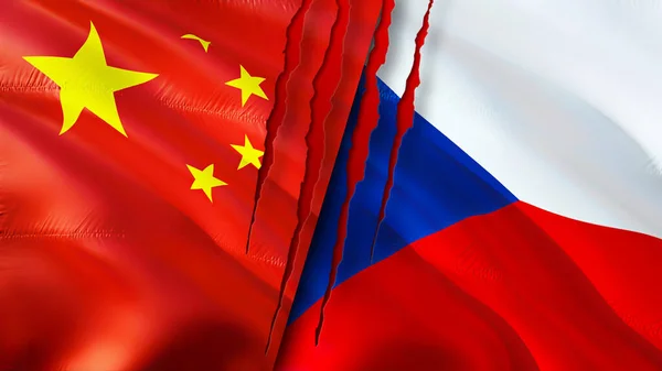 China Czech Flags Scar Concept Waving Flag Rendering China Czech — Stock Photo, Image