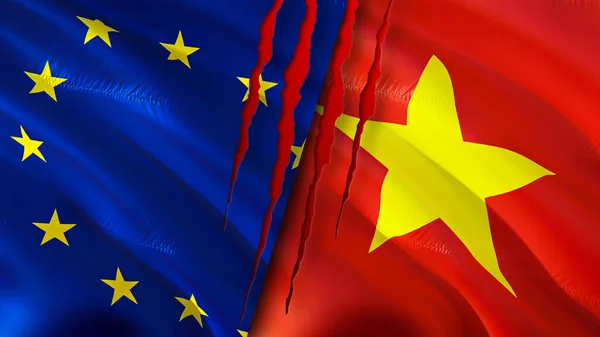 European Union and Vietnam flags with scar concept. Waving flag,3D rendering. European Union and Vietnam conflict concept. European Union Vietnam relations concept. flag of European Union an