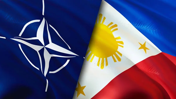 NATO and Philippines flags. 3D Waving flag design. Philippines NATO flag, picture, wallpaper. NATO vs Philippines image,3D rendering. NATO Philippines relations alliance and Trade,travel,touris