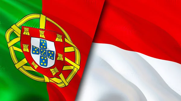 ポルトガルとモナコの旗 3D波動旗のデザイン ポルトガルモナコの旗 ポルトガル対モナコの画像 3Dレンダリング ポルトガルモナコ関係と貿易 観光コンセプト — ストック写真