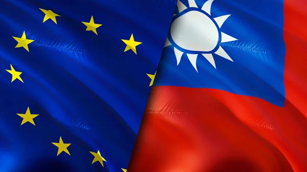 European Union and Taiwan flags. 3D Waving flag design. European Union Taiwan flag, picture, wallpaper. European Union vs Taiwan image,3D rendering. European Union Taiwan relations alliance an