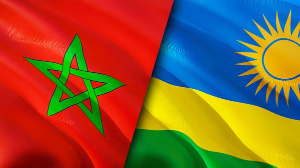 Morocco and Rwanda flags. 3D Waving flag design. Morocco Rwanda flag, picture, wallpaper. Morocco vs Rwanda image,3D rendering. Morocco Rwanda relations alliance and Trade,travel,tourism concep