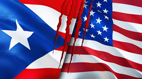 Puerto Rico and USA flags with scar concept. Waving flag,3D rendering. Puerto Rico and USA conflict concept. Puerto Rico USA relations concept. flag of Puerto Rico and USA crisis,war, attack concep