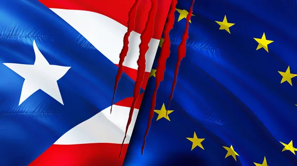 Puerto Rico and European Union flags with scar concept. Waving flag,3D rendering. Puerto Rico and European Union conflict concept. Puerto Rico European Union relations concept. flag of Puerto Ric