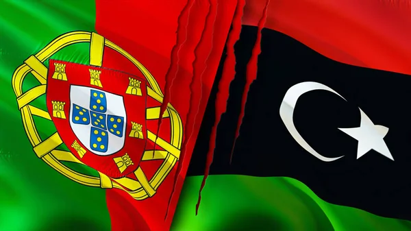 Flagi Portugalii Libii Blizną Machanie Flagą Renderowanie Koncepcja Konfliktu Portugalii — Zdjęcie stockowe