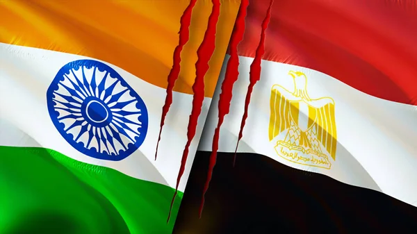 India Egypte Vlaggen Met Litteken Concept Wuivende Vlag Weergave Conflictconcept — Stockfoto