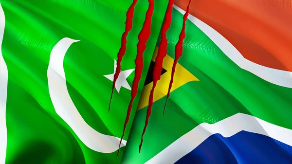 Pakistan and South Africa flags with scar concept. Waving flag,3D rendering. Pakistan and South Africa conflict concept. Pakistan South Africa relations concept. flag of Pakistan and South Afric