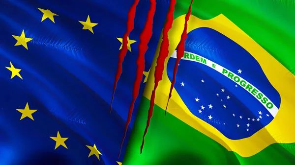 European Union and Brazil flags with scar concept. Waving flag,3D rendering. European Union and Brazil conflict concept. European Union Brazil relations concept. flag of European Union and Brazi