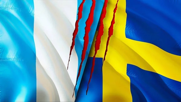 Guatemala and Sweden flags with scar concept. Waving flag 3D rendering. Guatemala and Sweden conflict concept. Guatemala Sweden relations concept. flag of Guatemala and Sweden crisis,war, attac