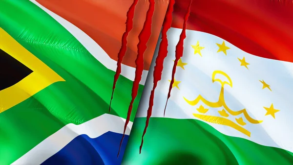 South Africa and Tajikistan flags with scar concept. Waving flag,3D rendering. South Africa and Tajikistan conflict concept. South Africa Tajikistan relations concept. flag of South Africa an