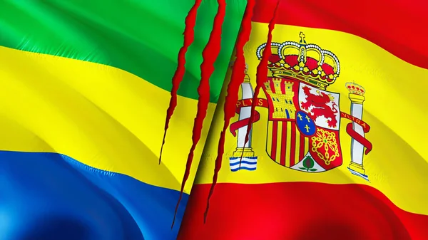 Gabon and Spain flags with scar concept. Waving flag,3D rendering. Gabon and Spain conflict concept. Gabon Spain relations concept. flag of Gabon and Spain crisis,war, attack concep