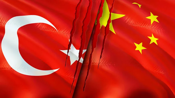 Bandeiras Turquia China Com Conceito Cicatriz Bandeira Ondulada Renderização Conceito — Fotografia de Stock