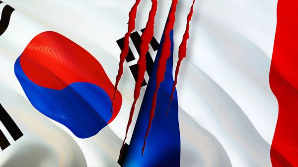 South Korea and France flags with scar concept. Waving flag,3D rendering. South Korea and France conflict concept. South Korea France relations concept. flag of South Korea and France crisis,war