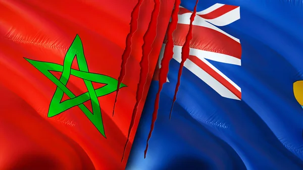 Morocco and Saint Helena flags with scar concept. Waving flag,3D rendering. Morocco and Saint Helena conflict concept. Morocco Saint Helena relations concept. flag of Morocco and Saint Helen