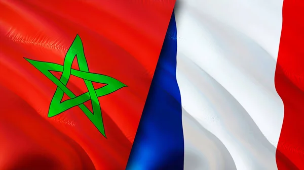 Morocco and France flags. 3D Waving flag design. Morocco France flag, picture, wallpaper. Morocco vs France image,3D rendering. Morocco France relations alliance and Trade,travel,tourism concep
