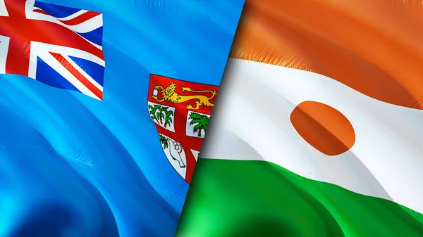 斐济和尼日尔的国旗 3D波浪旗帜设计 斐济国旗 斐济对尼日尔的图像 3D渲染 尼日尔关系联盟与贸易 — 图库照片