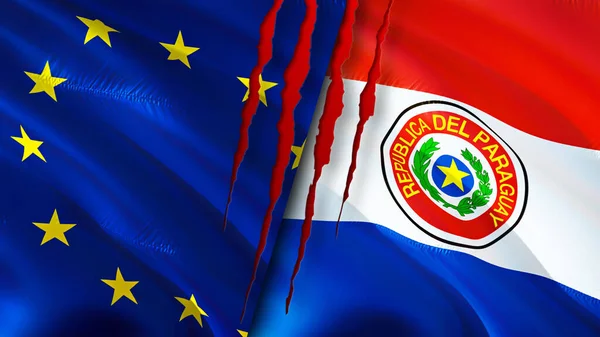 European Union and Paraguay flags with scar concept. Waving flag,3D rendering. European Union and Paraguay conflict concept. European Union Paraguay relations concept. flag of European Union an
