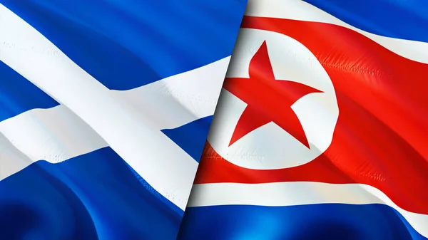 Scotland and North Korea flags. 3D Waving flag design. Scotland North Korea flag, picture, wallpaper. Scotland vs North Korea image,3D rendering. Scotland North Korea relations alliance an