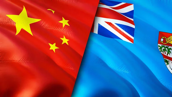 中国和斐济的国旗 3D波浪旗帜设计 中国斐济国旗 中国对斐济的图像 3D渲染 中国斐济联盟与贸易 — 图库照片