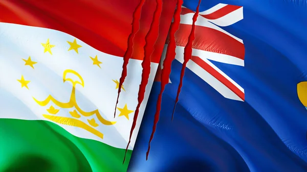 塔吉克斯坦和圣赫勒拿有疤痕概念的国旗 飘扬的旗帜 3D渲染 塔吉克斯坦和圣赫勒拿冲突概念 塔吉克斯坦圣赫勒拿关系概念 塔吉克斯坦国旗和Sain国旗 — 图库照片