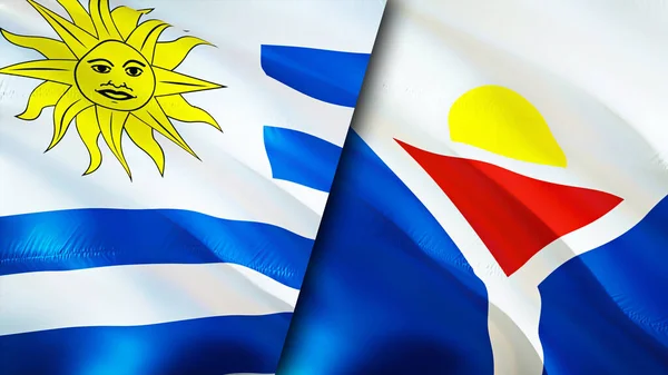 ウルグアイとサン マルタンの旗 3D波動旗のデザイン ウルグアイサンマルタン旗 ウルグアイ対聖マーティン画像 3Dレンダリング ウルグアイ セント マーティン関係同盟 — ストック写真
