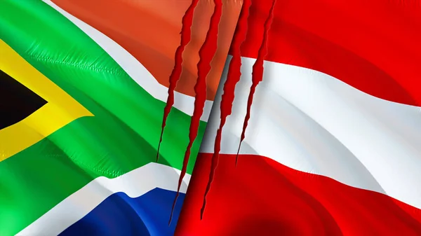 South Africa and Austria flags with scar concept. Waving flag,3D rendering. South Africa and Austria conflict concept. South Africa Austria relations concept. flag of South Africa and Austri