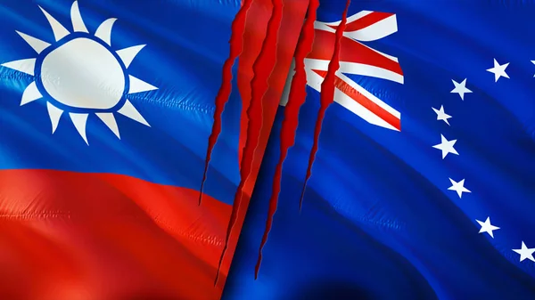 Taiwan and Cook Islands flags with scar concept. Waving flag,3D rendering. Taiwan and Cook Islands conflict concept. Taiwan Cook Islands relations concept. flag of Taiwan and Cook Island