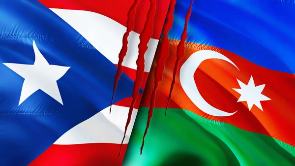 Puerto Rico and Azerbaijan flags with scar concept. Waving flag,3D rendering. Puerto Rico and Azerbaijan conflict concept. Puerto Rico Azerbaijan relations concept. flag of Puerto Rico an