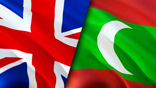 United Kingdom and Maldives flags. 3D Waving flag design. United Kingdom Maldives flag, picture, wallpaper. United Kingdom vs Maldives image,3D rendering. United Kingdom Maldives relations allianc