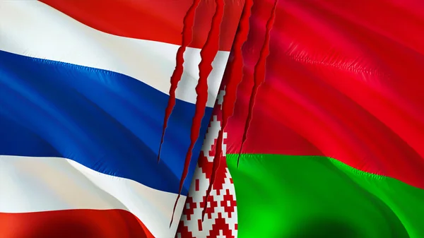 Thailand and Belarus flags with scar concept. Waving flag,3D rendering. Thailand and Belarus conflict concept. Thailand Belarus relations concept. flag of Thailand and Belarus crisis,war, attac