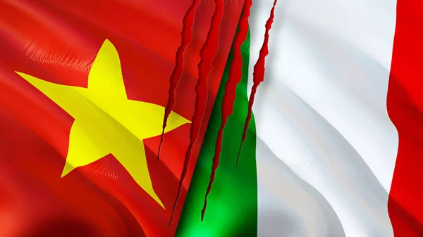 Vietnam and Italy flags. 3D Waving flag design. Vietnam Italy flag, picture, wallpaper. Vietnam vs Italy image,3D rendering. Vietnam Italy relations alliance and Trade,travel,tourism concep