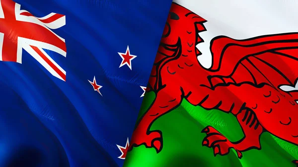 New Zealand and Welsh flags. 3D Waving flag design. New Zealand Welsh flag, picture, wallpaper. New Zealand vs Welsh image,3D rendering. New Zealand Welsh relations war alliance concept.Trade