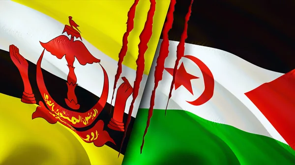 Brunei and Western Sahara flags with scar concept. Waving flag,3D rendering. Brunei and Western Sahara conflict concept. Brunei Western Sahara relations concept. flag of Brunei and Western Sahar