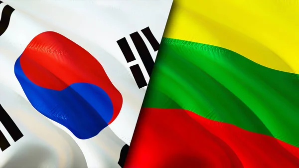 South Korea and Lithuania flags. 3D Waving flag design. South Korea Lithuania flag, picture, wallpaper. South Korea vs Lithuania image,3D rendering. South Korea Lithuania relations alliance an