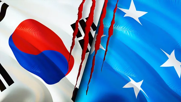 South Korea Micronesia Flags Scar Concept Waving Flag Rendering South — Stock Photo, Image