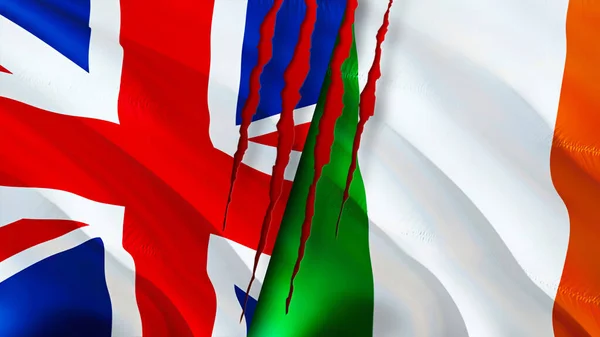 United Kingdom and Ireland flags with scar concept. Waving flag,3D rendering. United Kingdom and Ireland conflict concept. United Kingdom Ireland relations concept. flag of United Kingdom an